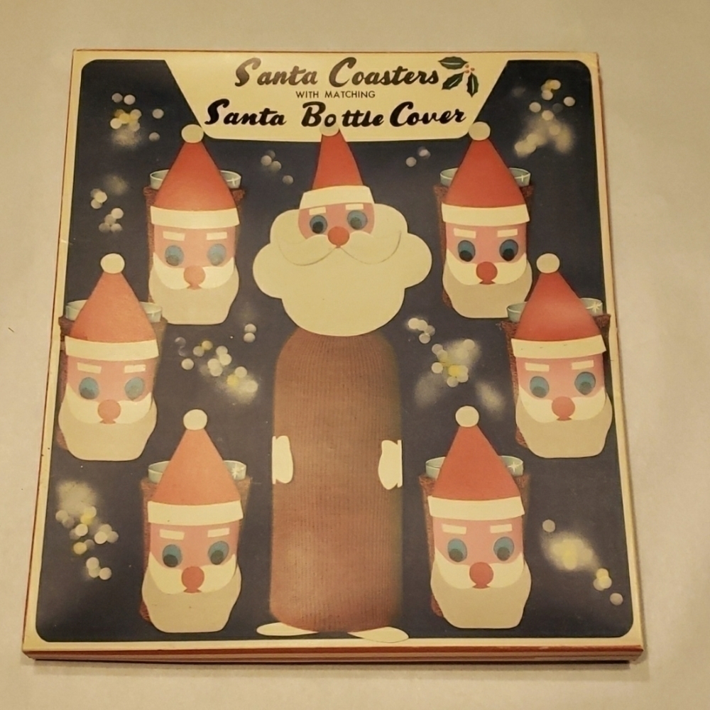 VINTAGE Rare Santa Coasters Bottle Cover Set for Christmas Barware Made in Japan